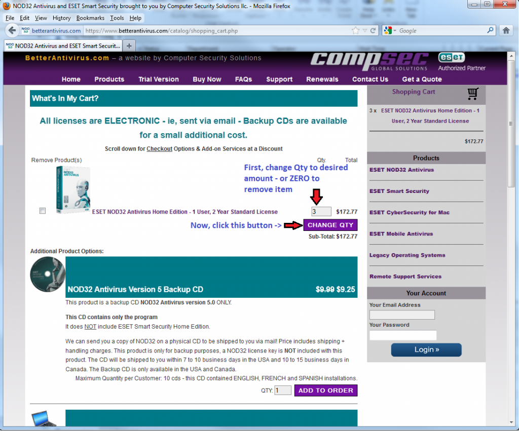 enhancements to shopping cart - making it easier to buy ESET NOD32